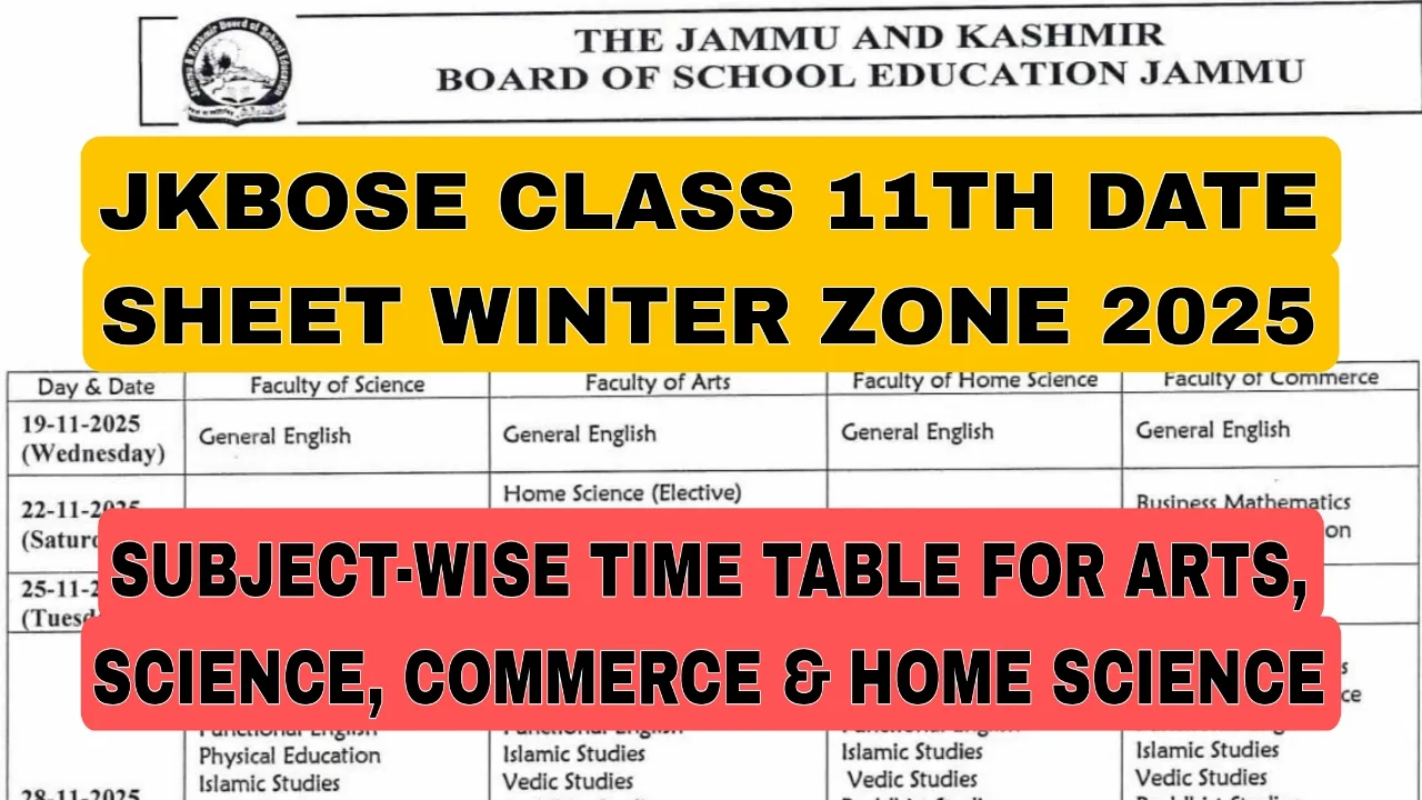 JKBOSE Class 11th Date Sheet 2025 Winter Zone